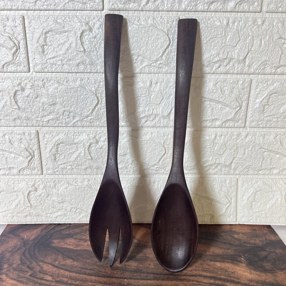 Danish Modern Rosewood Salad Servers • 1960s Mid‑Century Spoon Fork Set VTG